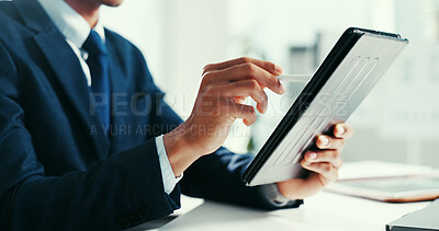 Buy stock photo Businessman, hands and writing in office with tablet, financial statement or signature for audit. Person, sign or tech in workplace for finance report, accounting administration or management review.