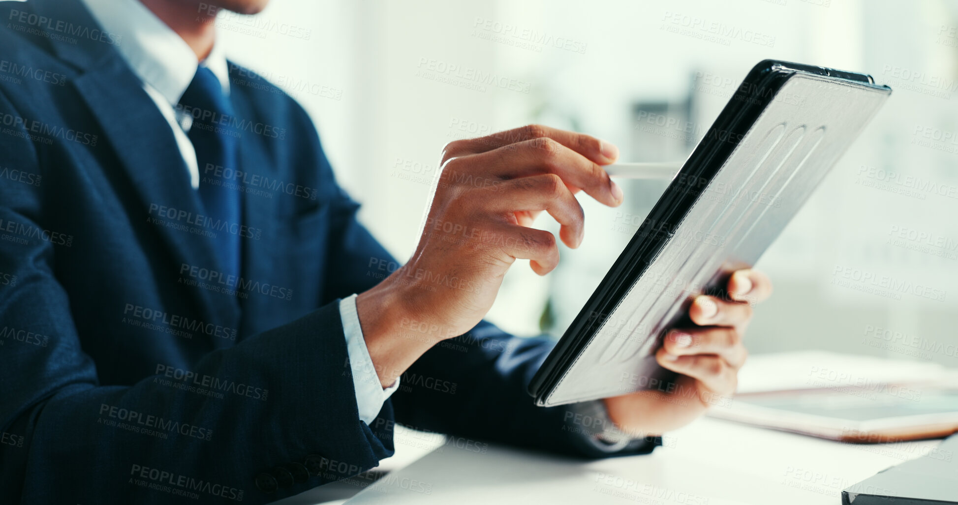 Buy stock photo Businessman, hands and writing in office with tablet, financial statement or signature for audit. Person, sign or tech in workplace for finance report, accounting administration or management review.