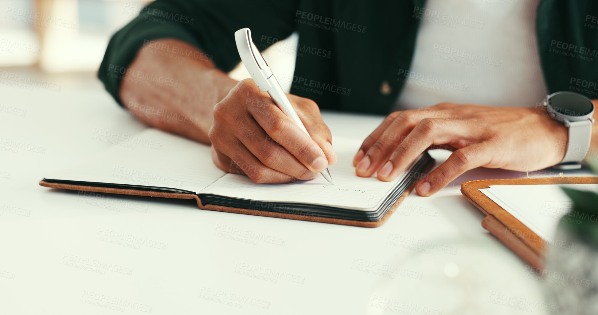 Buy stock photo Man, hands and writing in office with notebook for journalism investigation, story development or plan. Person, taking notes and agenda in workplace with journal for creativity, news or article idea.