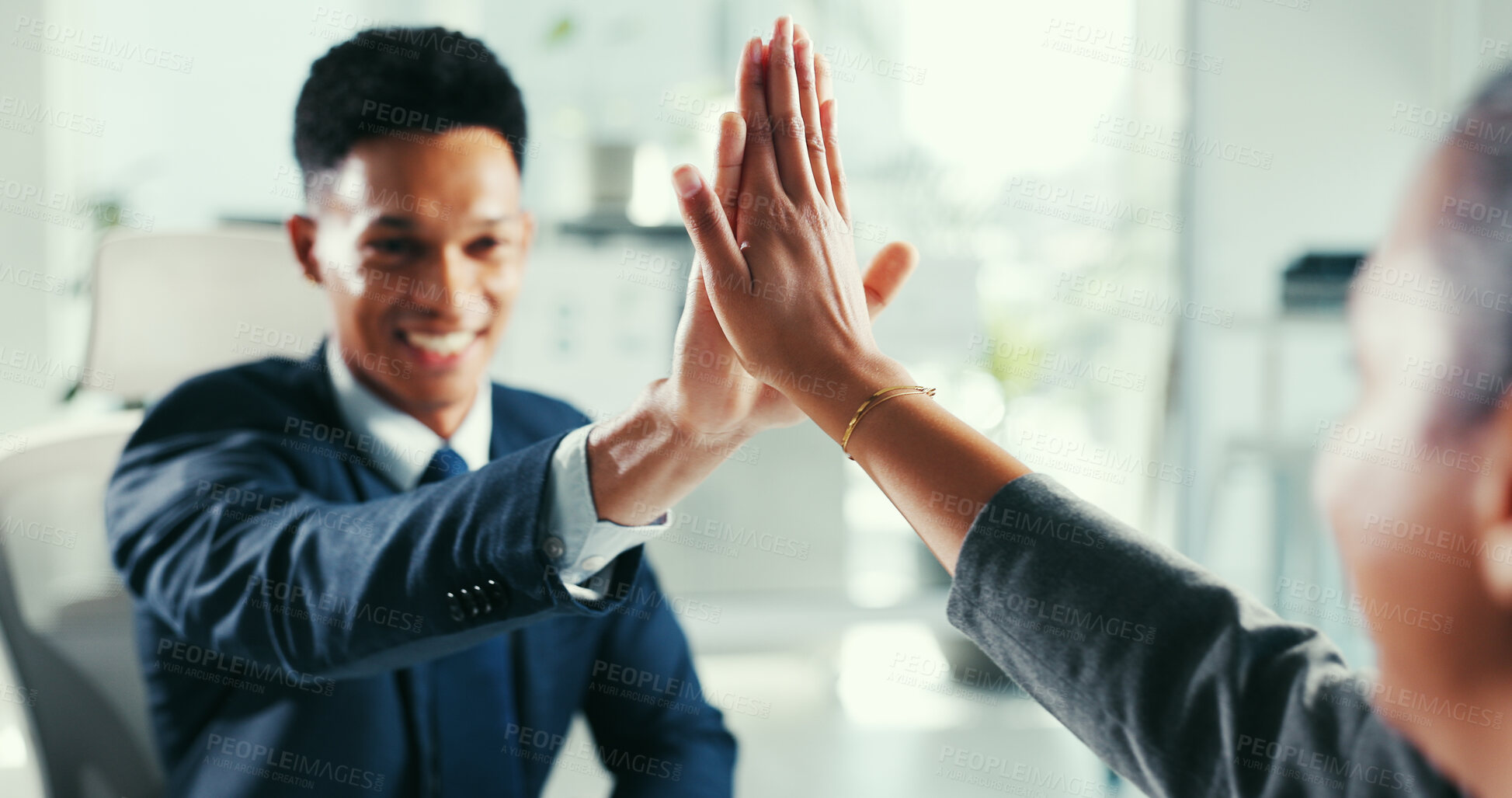 Buy stock photo Hands, high five and team for celebration at office, thanks or goals with deal agreement at company. Business people, success and motivation at meeting, feedback or collaboration at finance agency