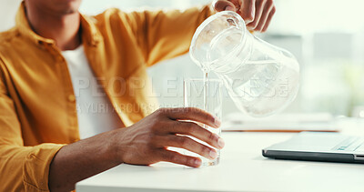 Buy stock photo Man, hands and pouring water in office with laptop, glass jug and healthy drink for hydration on break. Thirsty person, computer and liquid in workplace for wellness, refreshing beverage or minerals.