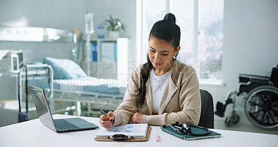 Buy stock photo Receptionist, laptop and writing with woman in hospital for medical files, doctor letter or research. Healthcare checklist, surgery schedule and telehealth appointment with person for clipboard admin