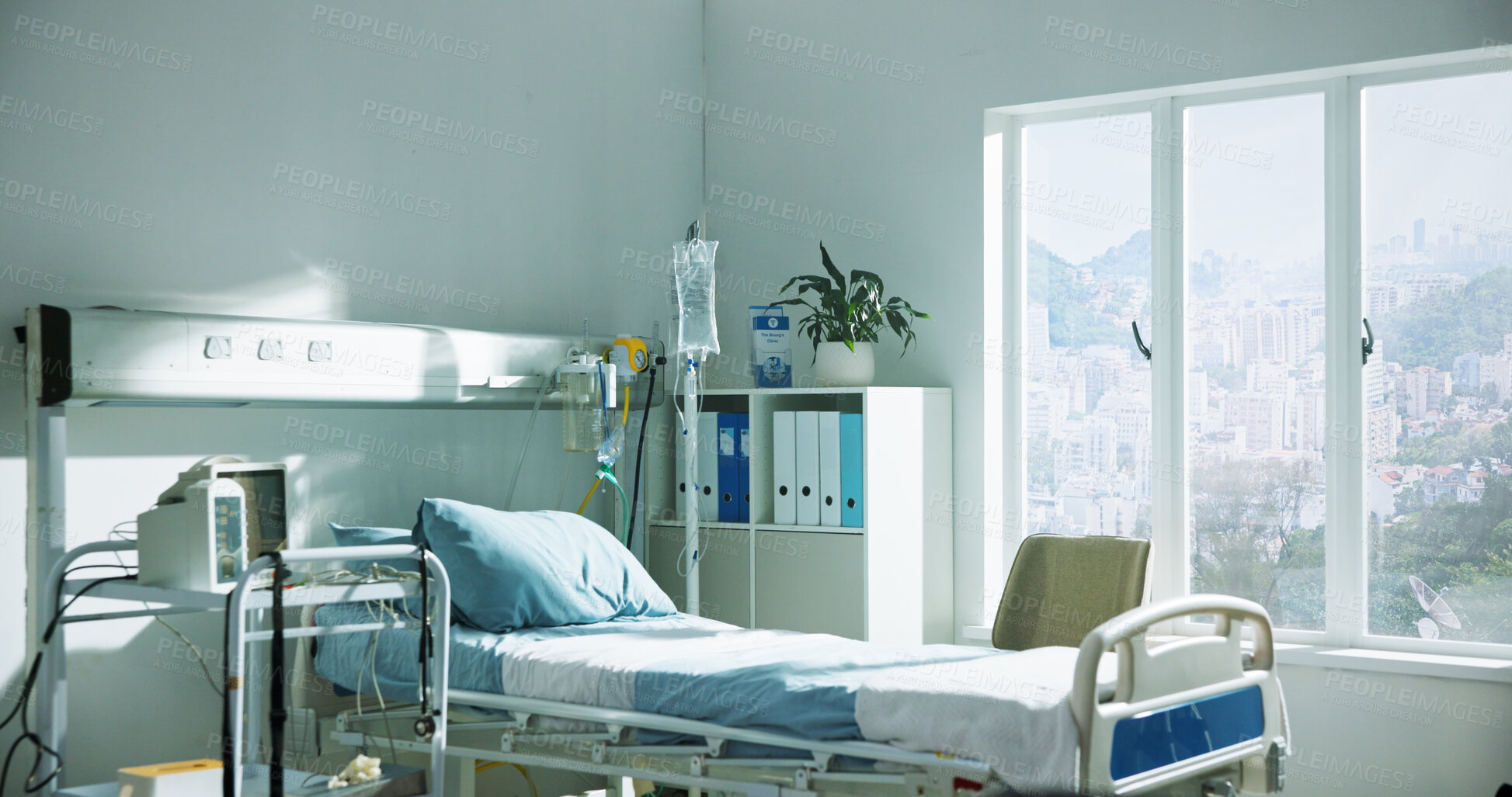 Buy stock photo Empty, room and bed in hospital, healthcare and medical services for recovery, wellness and healing. Clinic, intensive care and IV drip for medicine, treatment and equipment for rehabilitation