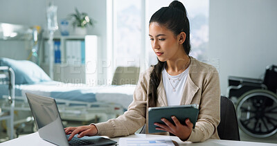 Buy stock photo Administration, laptop and tablet with woman in hospital for medical files, doctor letter and research. Healthcare, surgery schedule and telehealth appointment with person in clinic for online admin