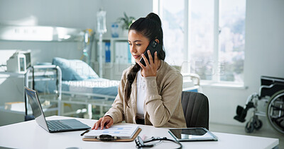 Buy stock photo Receptionist, laptop and phone call with woman in hospital for medical files, doctor contact and research. Healthcare, communication and telehealth appointment with person in clinic for online admin