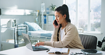 Buy stock photo Administration, laptop and phone call with woman in hospital for medical files, doctor contact and research. Healthcare, surgery schedule and telehealth appointment with person for communication