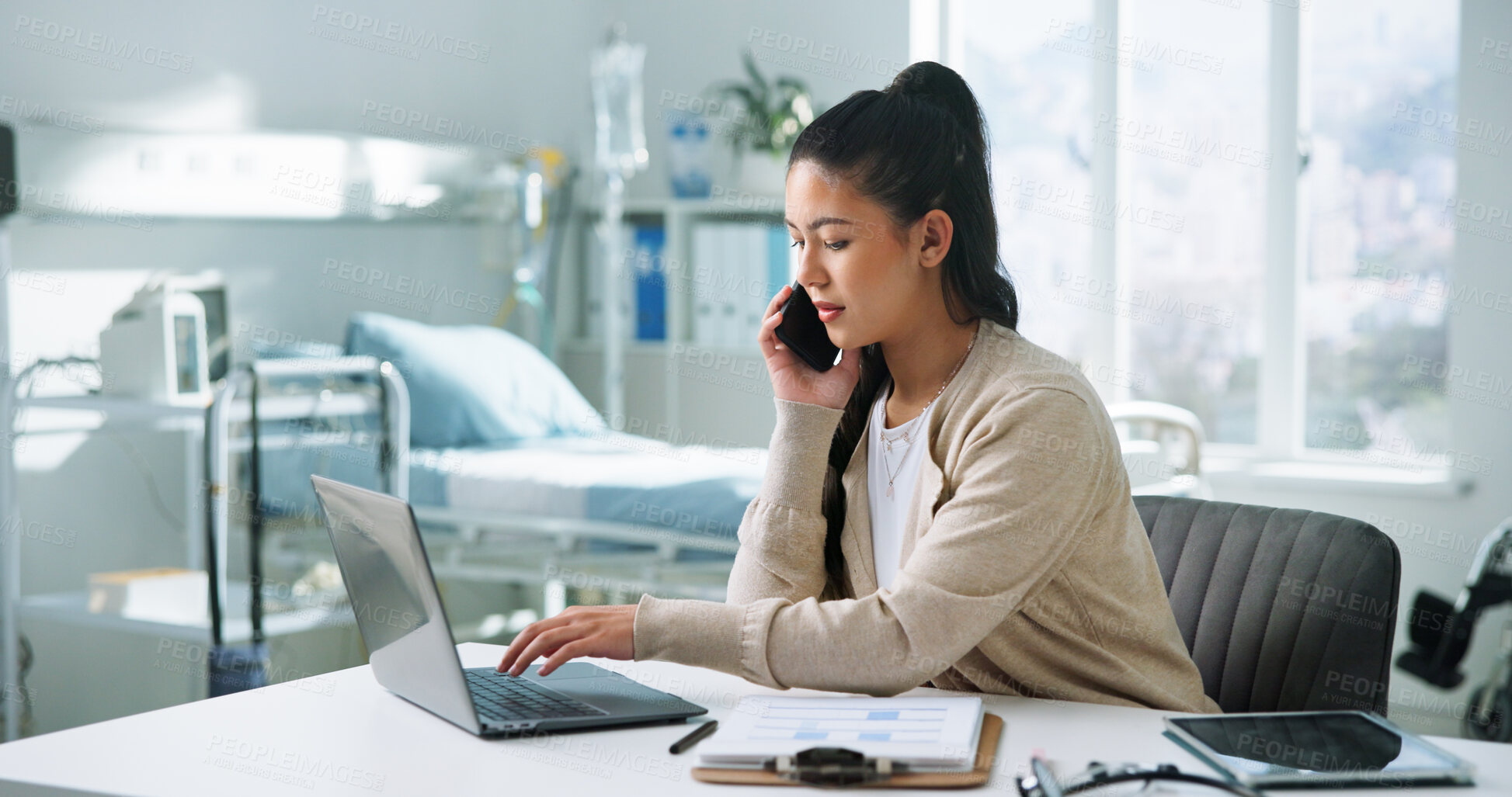 Buy stock photo Administration, laptop and phone call with woman in hospital for medical files, doctor contact and research. Healthcare, surgery schedule and telehealth appointment with person for communication