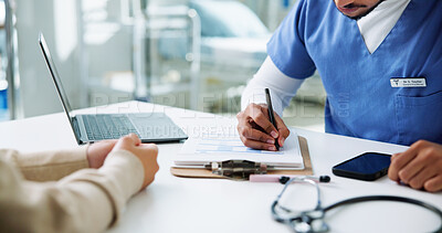Buy stock photo Hands, patient and doctor writing in consultation for medical history, health report and diagnosis. Healthcare, people and male professional with clipboard for insurance info and checklist in clinic