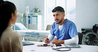 Buy stock photo Consultation, woman and doctor writing in clinic for medical history, health report and diagnosis. Healthcare, patient and male professional with clipboard for insurance info or checklist in hospital