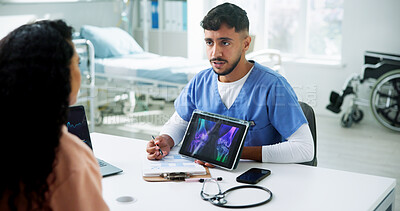 Buy stock photo Physiotherapist, tablet screen and talk with patient at clinic with xray, knees or explain for injury. People, healthcare expert and tech with application, review or diagnosis in office at hospital