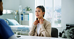 Consultation, throat pain and woman with doctor in office at hospital for diagnosis, advice or help. Checkup, discussion and female patient with medical worker for treatment with sickness in clinic.