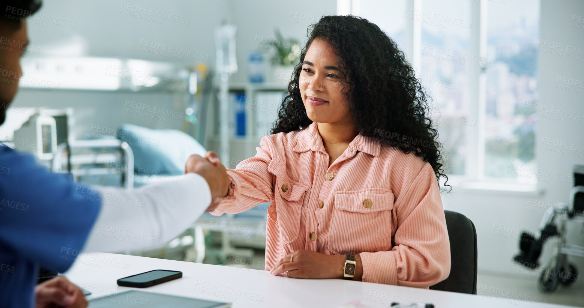 Buy stock photo Woman, doctor and shaking hands with patient, hospital and thanks for healthcare services in office. People, medical expert and smile for handshake in consultation, good news and gratitude at clinic