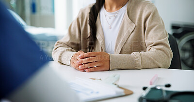 Buy stock photo Consulting, advice and hands of patient in hospital for support, medical checkup or test results discussion. Healthcare exam, diagnosis review and treatment plan with people in clinic for appointment