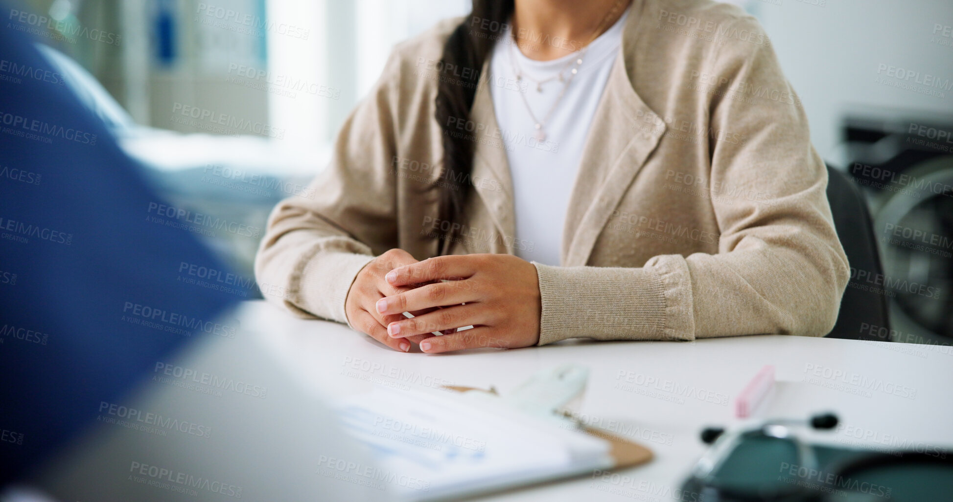 Buy stock photo Consulting, advice and hands of patient in hospital for support, medical checkup or test results discussion. Healthcare exam, diagnosis review and treatment plan with people in clinic for appointment