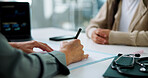 Hands, patient and doctor writing in appointment for medical history, health survey and diagnosis. Healthcare, people and expert with notes in consultation for consent form and prescription in clinic