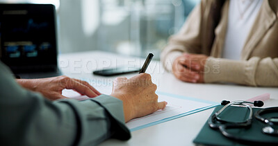 Buy stock photo Hands, patient and doctor writing in appointment for medical history, health survey and diagnosis. Healthcare, people and expert with notes in consultation for consent form and prescription in clinic