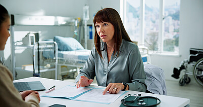 Buy stock photo Doctor, patient and discussion with folder in consultation for test results, health report or diagnosis. Healthcare, mature woman and documents in clinic checkup for treatment plan and medical advice