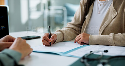 Buy stock photo Consulting, writing and hands of doctor in hospital for support, medical check up or test results discussion. Healthcare exam, diagnosis review or treatment plan with people in clinic for appointment