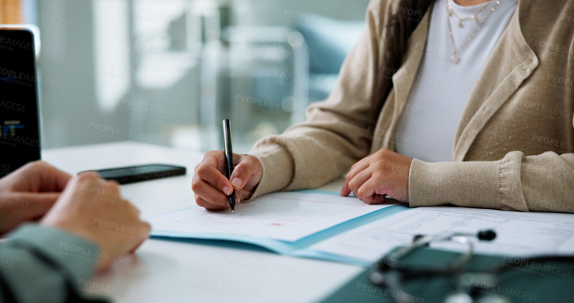 Buy stock photo Consulting, writing and hands of doctor in hospital for support, medical check up or test results discussion. Healthcare exam, diagnosis review or treatment plan with people in clinic for appointment