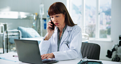 Buy stock photo Doctor, laptop and phone call with woman in hospital for medical files, communication and researcher. Healthcare, surgery schedule and telehealth appointment with person in clinic for online contact