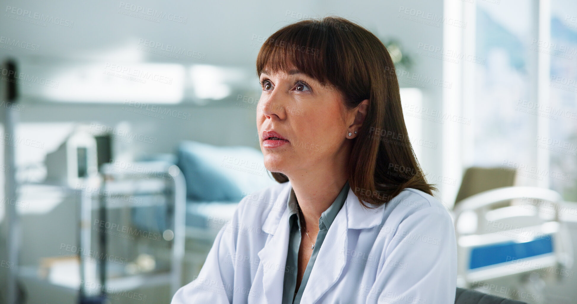 Buy stock photo Doctor, thinking and shock with woman in hospital for treatment breakthrough, vision or healthcare. Medical reflection, surprise and memory with mature person in clinic for solution and brainstorming