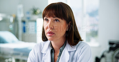Buy stock photo Doctor, vision and shock with woman in hospital for treatment breakthrough, thinking or healthcare. Medical reflection, surprise and memory with mature person in clinic for solution and brainstorming