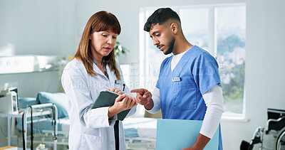 Buy stock photo Doctor, nurse and planning with tablet in clinic for training, research and teamwork or management. Healthcare professionals, people and mentor with digital tech for internship, schedule or meeting