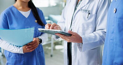 Buy stock photo Doctor, nurses and hands with tablet in clinic for training, research and teamwork or management. Healthcare professionals, people and mentor with digital tech for internship, schedule or meeting