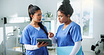 Nurses, women and planning with tablet in clinic for training, research and teamwork or management. Healthcare professionals, people and mentor with digital tech for internship, schedule or meeting