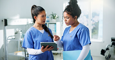 Buy stock photo Nurses, women and planning with tablet in clinic for training, research and teamwork or management. Healthcare professionals, people and mentor with digital tech for internship, schedule or meeting