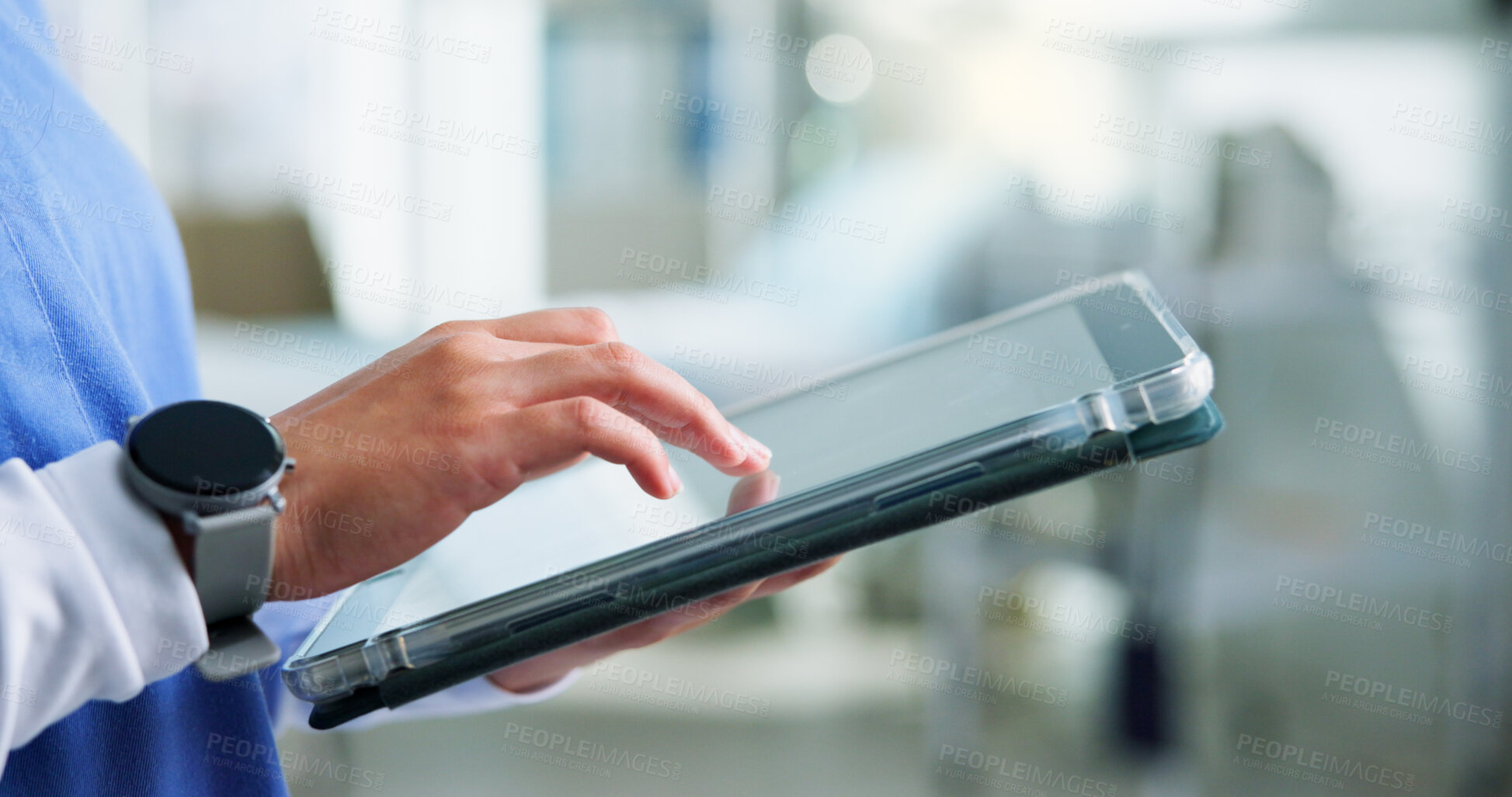 Buy stock photo Healthcare, doctor and hands with tablet, hospital and test results on website, scroll and analysis. Clinic, medical professional and person with tech for diagnosis, browsing or patient report on app