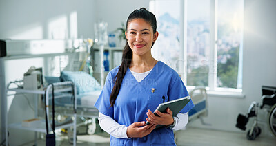 Buy stock photo Woman, doctor and portrait with tablet, smile and pride for career, checklist and schedule at hospital. Person, medical professional and tech with application, happy and healthcare services in clinic