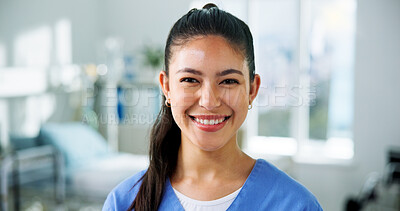 Buy stock photo Nurse, smile and portrait of woman in hospital with confidence for medical career, job and service. Nursing, clinic and person with pride, happy and about us for wellness, patient care and healthcare