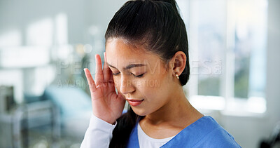 Buy stock photo Nurse, headache and woman in hospital with stress for overworked, burnout and migraine. Healthcare, clinic and person with strain, head pain and tension with pressure for medical service or career