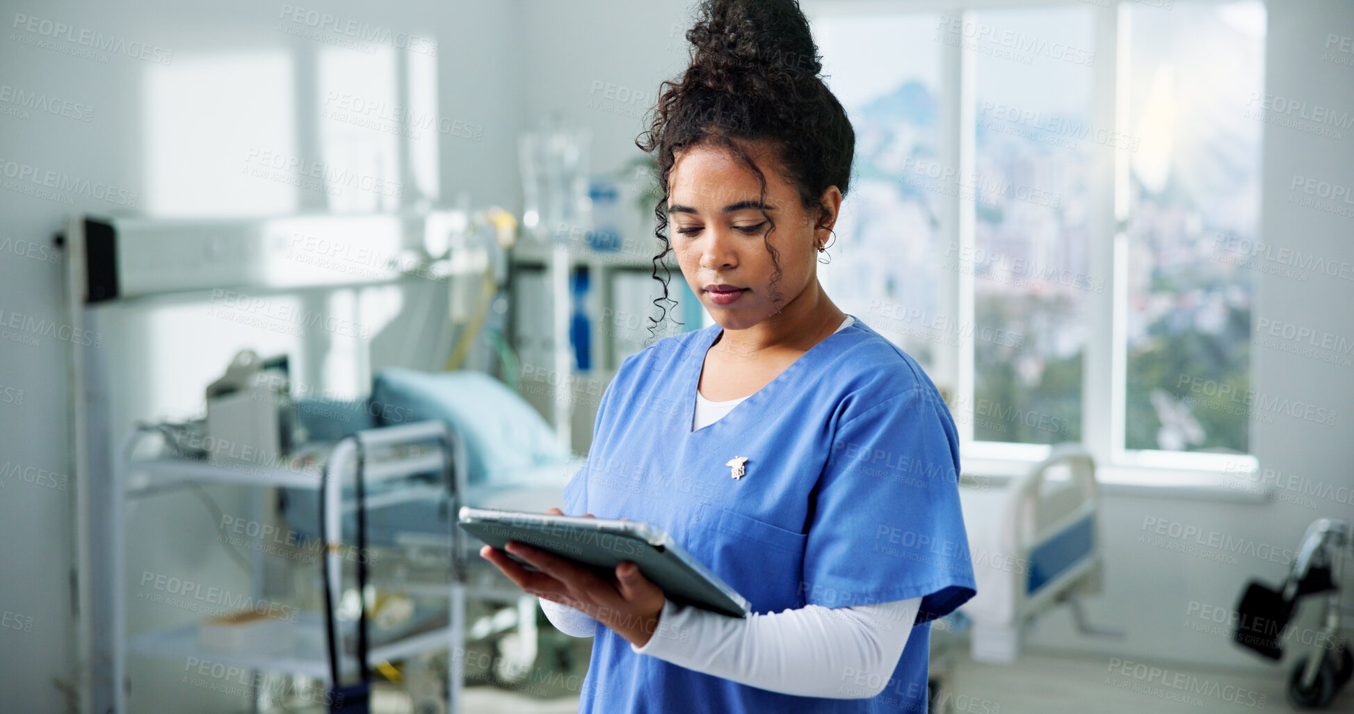 Buy stock photo Healthcare, nurse and woman with tablet, hospital and test results on website, reading and analysis. Clinic, medical professional and person with tech for diagnosis, scroll and patient report on app