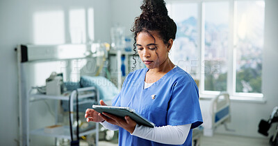 Buy stock photo Nurse, reading and woman with tablet, hospital and test results on website, analysis and healthcare. Clinic, medical professional and person with tech for diagnosis, scroll and patient report on app