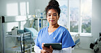 Hospital, nurse and portrait of happy woman on tablet for patient review, schedule and medical report. Clinic, online and person on digital tech with confidence, pride and smile for healthcare career
