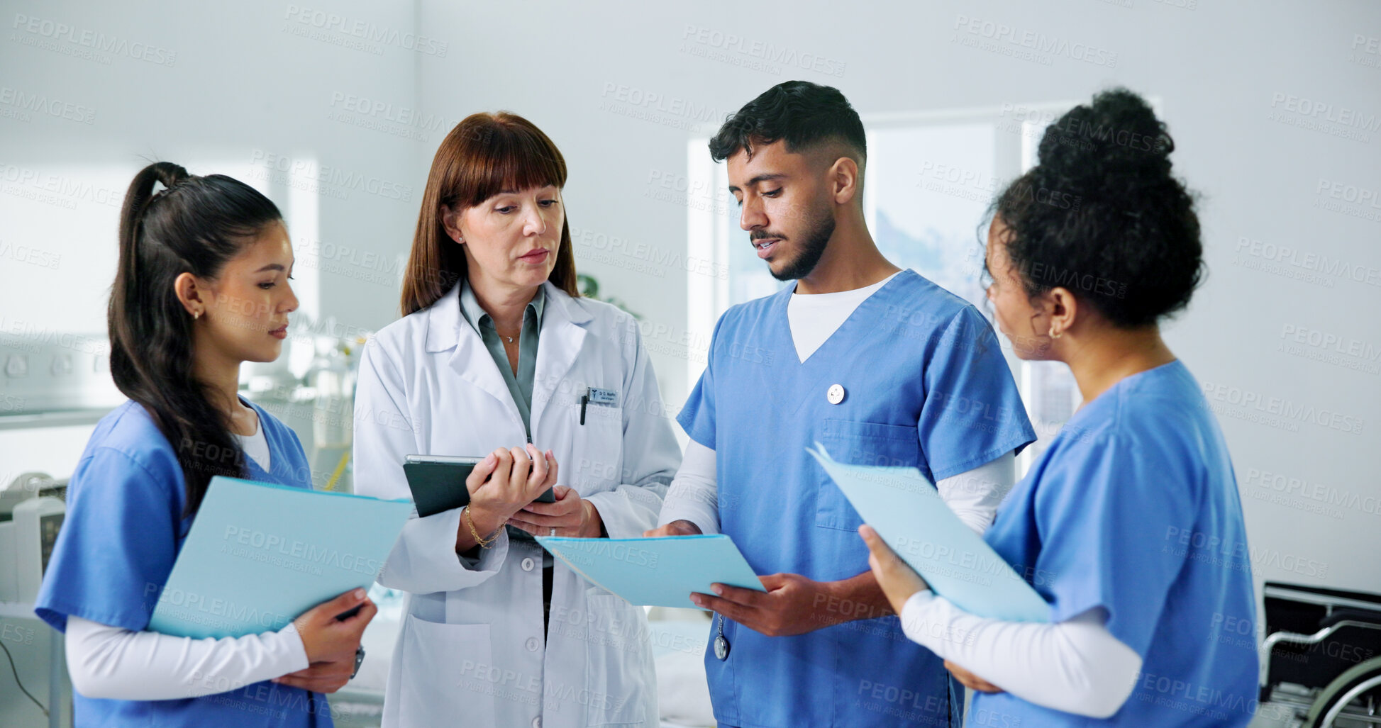 Buy stock photo Doctor, nurses and document with tablet in clinic for training, research and teamwork or management. Healthcare professionals, people and mentor with digital tech for internship, schedule or meeting