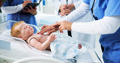 Buy stock photo Hands, nurses and CPR on baby mannequin for medical simulation, learning and emergency rescue. People, health interns or infant chest compressions on doll for resuscitation or heart failure in clinic