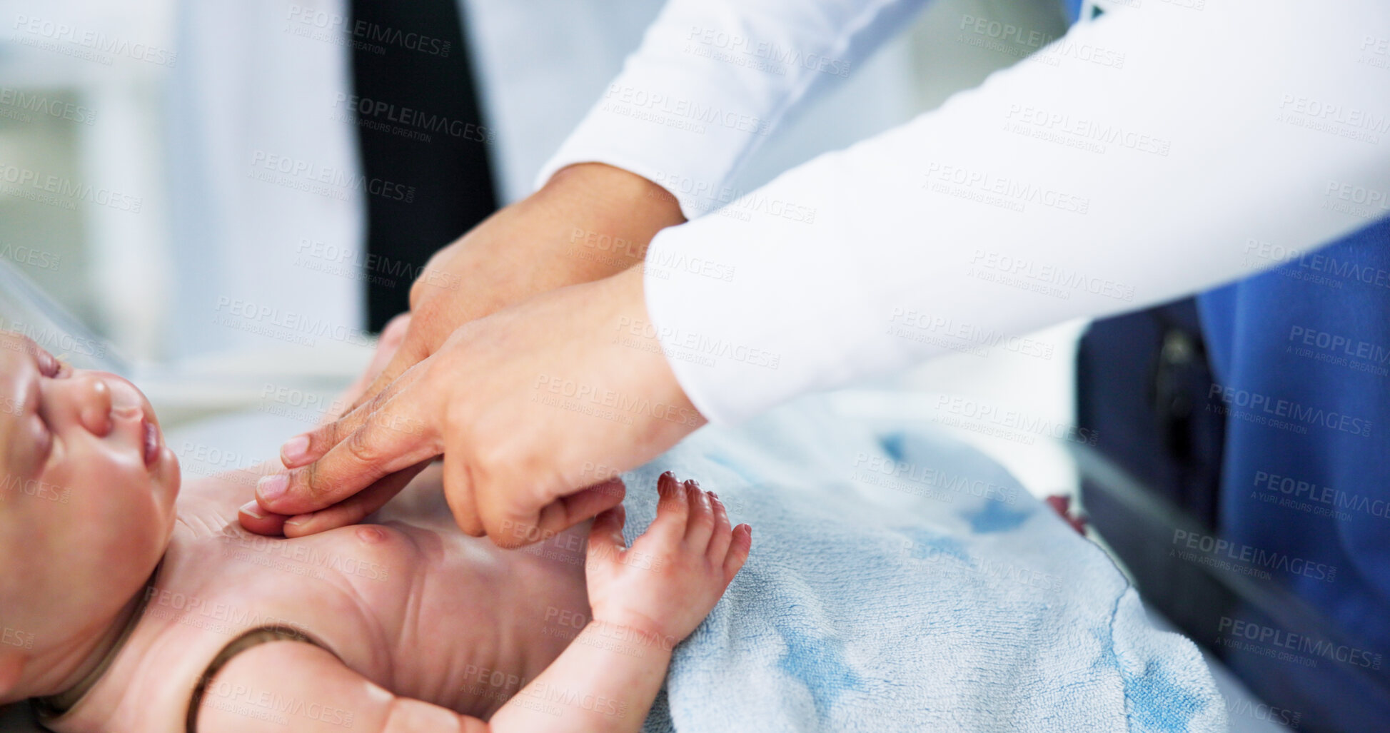 Buy stock photo Hands, nurse and CPR on baby doll for medical simulation, learning technique and emergency rescue. People, health intern and infant chest compressions on mannequin for life saving training in clinic