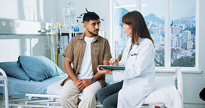 Buy stock photo Doctor, consultation and woman with tablet, hospital and test results on website, explain and online. Clinic, medical professional and person with tech for diagnosis, talking or patient report on app