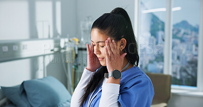 Buy stock photo Nurse, headache and woman in hospital with pain for overworked, burnout and migraine. Healthcare, clinic and person with strain, pressure and tension with stress for medical service, job or career