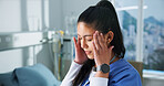 Fatigue, headache and nurse in hospital with stress for overworked, burnout and migraine. Healthcare, clinic and woman with strain, head pain and tension with pressure for medical service or career