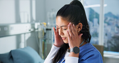 Buy stock photo Fatigue, headache and nurse in hospital with stress for overworked, burnout and migraine. Healthcare, clinic and woman with strain, head pain and tension with pressure for medical service or career