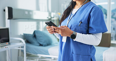 Buy stock photo Phone, typing and hands of nurse in hospital for online schedule, notification and communication. Healthcare, clinic and woman on smartphone for email, medical research and contact for telehealth