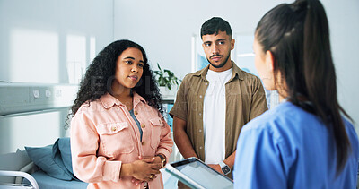 Buy stock photo Couple, consultation and nurse with tablet, hospital and test results on website, explain and online. Clinic, people and medical professional with tech for diagnosis, talking or patient report on app