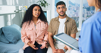 Buy stock photo Couple, checkup and doctor with tablet, hospital and test results on website, explaining and online. Clinic, people and medical professional with tech for diagnosis, talking and patient report on app