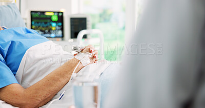 Buy stock photo Elderly patient, hands and iv drip in hospital bed with doctor, medicine and recovery from surgery. Space, old woman and healthcare worker in medical clinic with intravenous fluid, help and support.