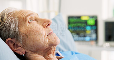 Buy stock photo Thinking, worry and senior woman in hospital bed for healing, recovery and unsure for surgery. Healthcare, thoughtful and elderly patient resting for operation, diagnosis and treatment for wellness