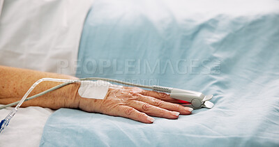 Buy stock photo Hand, hospital bed and oximeter for recovery, finger and check pulse with healthcare services. Elderly person, medical equipment and monitor for cardiology, assessment and rehabilitation at clinic